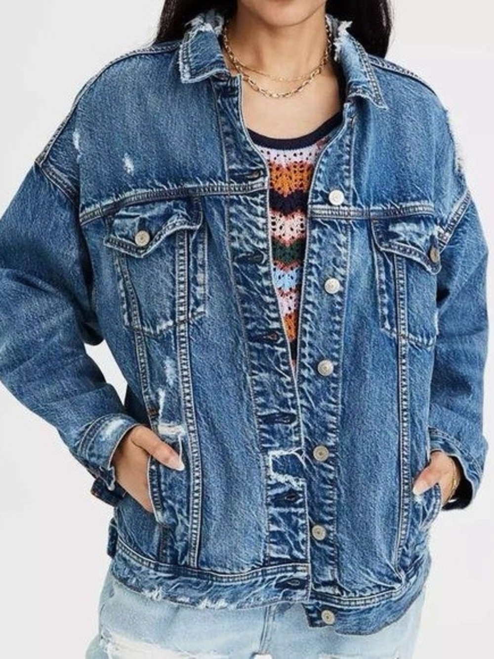 American Eagle Outfitters Distressed Blue Denim Jacket